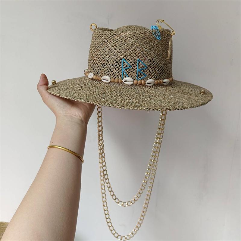 Beach Hat Punk Pearl Chain DIY Concave Crown Sun Hat New Korean Letter Hat Beach Hat Men's and Women's Punk Hat Candy Color Sun
