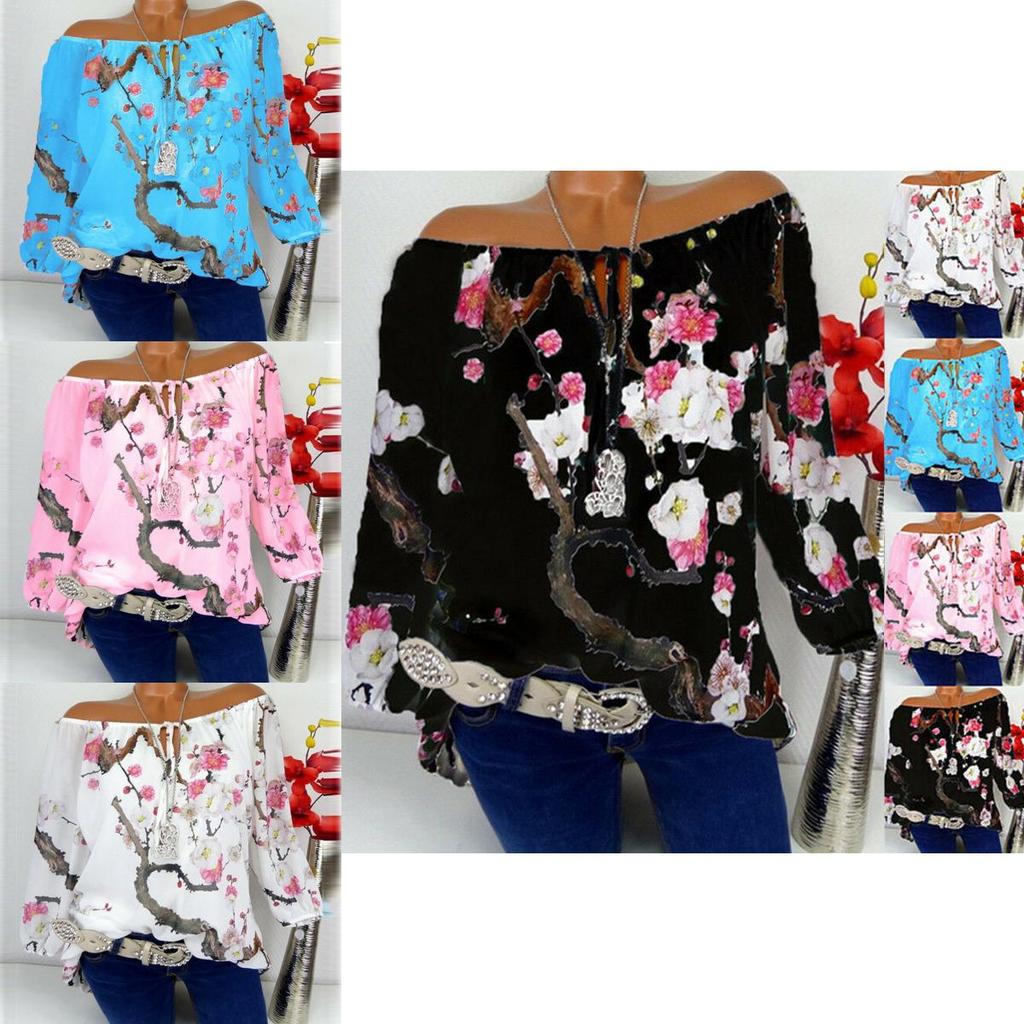 Off Women Shoulder Floral Tops Ladies Summer Loose T Shirt Blouse Plus Size