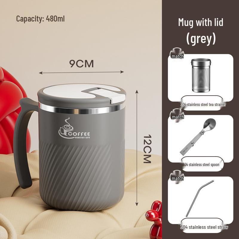 Portable Stainless Steel Mug with Lid, Spoon & Tea Infuser - Multi-Purpose Cup for Tea, Coffee, Milk, or Water.