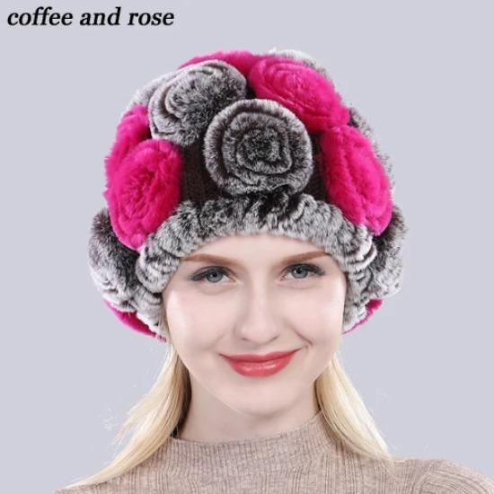 New Arrival Flowers Real Fur Hats Winter Russian Women Natural Rex Rabbit Fur Caps Lady Genuine Rex Rabbit Fur Beanies Cap