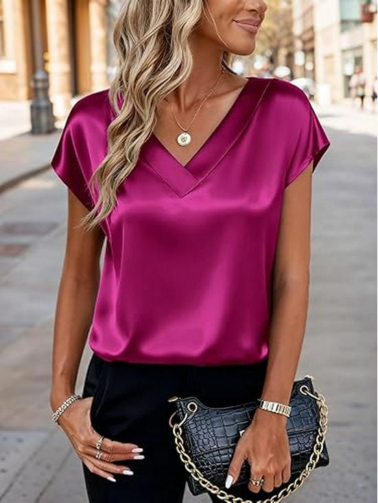 Women's Solid Color Satin V-Neck T-Shirt - Spring/Summer Casual Business Top