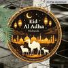 2D Flat, 1pc Round Aluminum Hanging Sign, "Eid Al Adha Mubarak" Islamic Festival Metal Wall Art, Vintage Camel, Sheep & Mosque Night Design