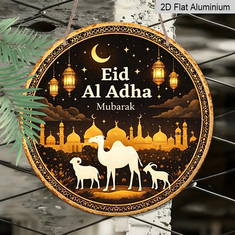 2D Flat, 1pc Round Aluminum Hanging Sign, "Eid Al Adha Mubarak" Islamic Festival Metal Wall Art, Vintage Camel, Sheep & Mosque Night Design