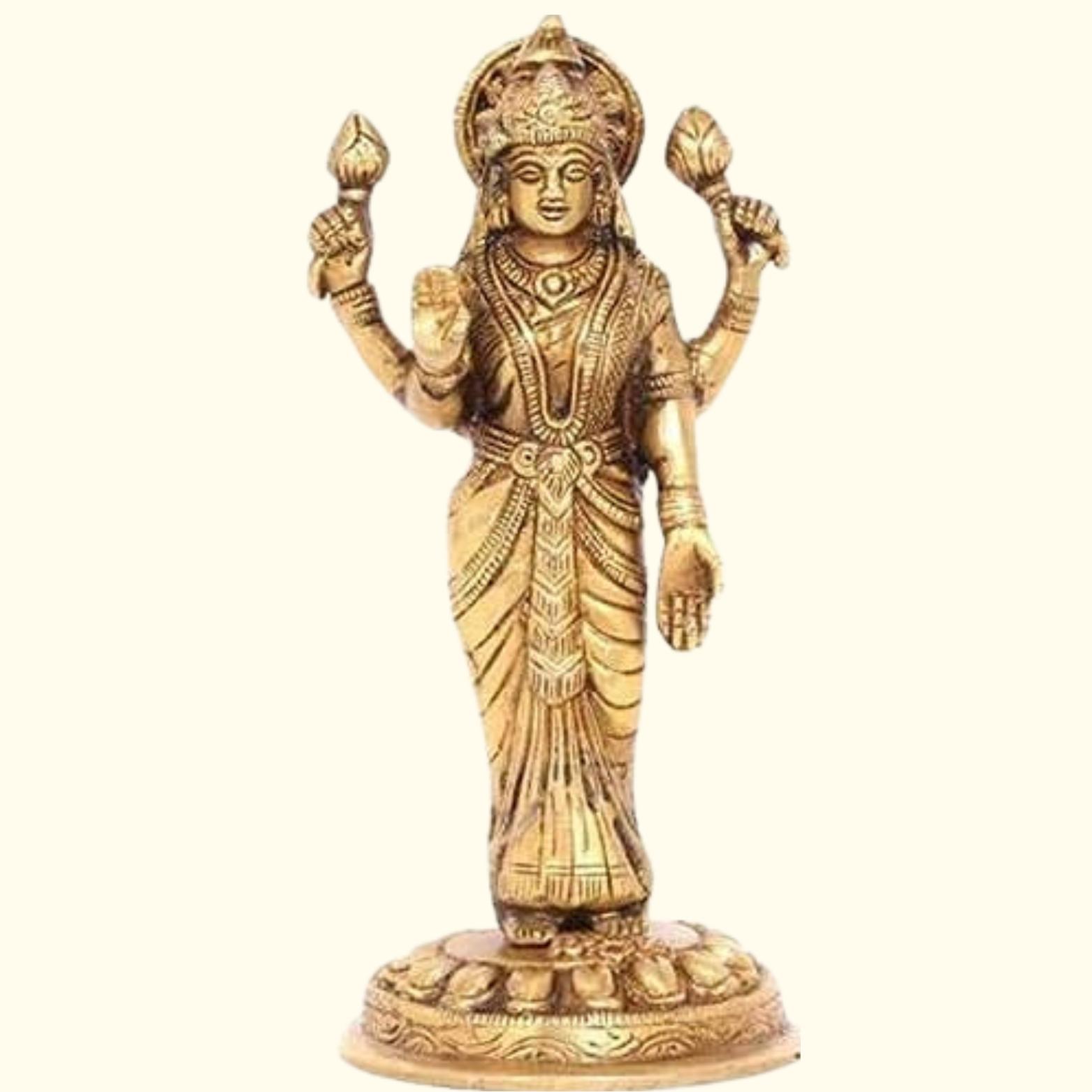 Идол Шри Маха Лакшми из 8 металлов (Аштадхату), стоящий, латунь - 4 дюйма