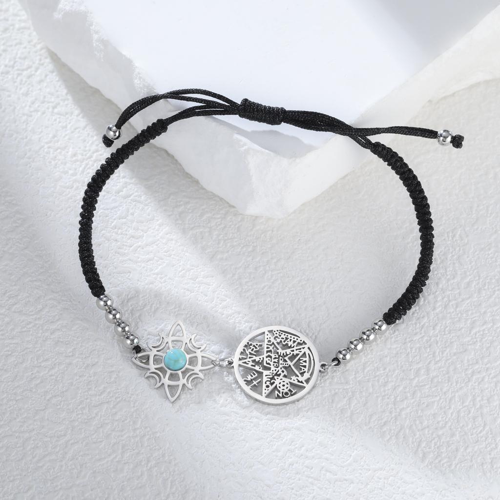 Verstellbares Tetragrammaton Pentagramm Armband für Damen Edelstahl Salomonsiegel Amulett mit Türkis Wicca Schmuck Geschenk