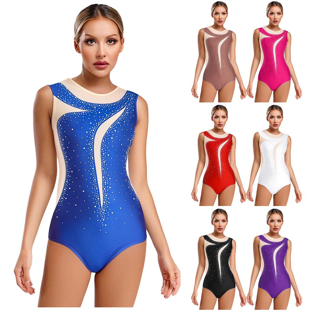 Womens Gymnastics Leotard Sleeveless Back Hollow Out Mesh Patchwork Rhinestone Bodysuit for Ballet Figure Skating