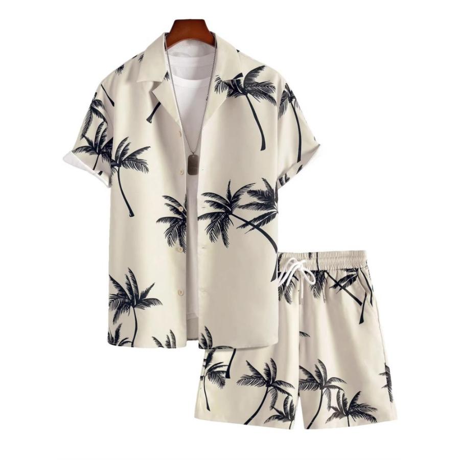 Men's Short Sleeve Shirt Set Blue Ocean Palm Tree Printed Shirt Hawaiian Beach Shirt Set