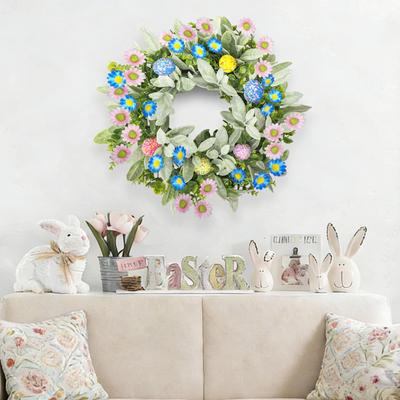 Kunstmatige Paaskrans voor Voordeur, Konijnenkrans met Strik Eieren en Bloemen voor Muur Raam Paasdecoraties