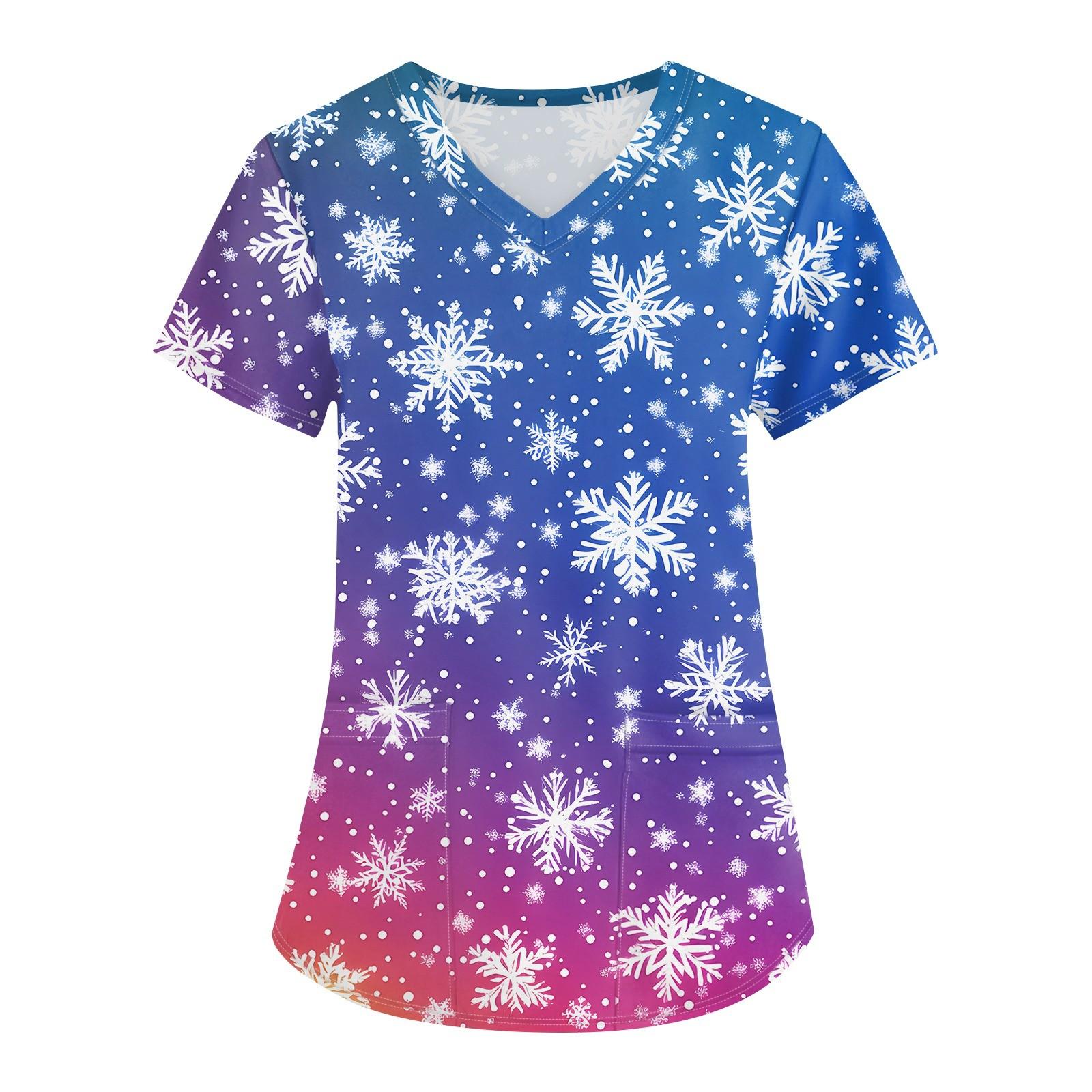 

Жіночий модний робочий одяг з V-подібним вирізом і короткими рукавами з кишенями, різдвяні топи з принтом L синій