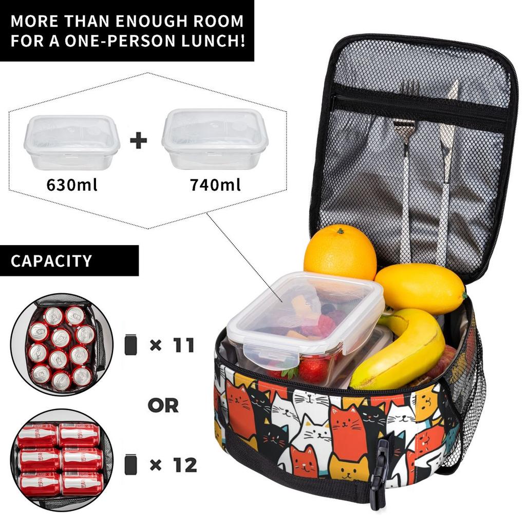 Cartoon Cute Colorful Cat Insulated Lunch Bag for Women Office Cooler Thermal Food Box Tote Portable Lunch Boxes Container