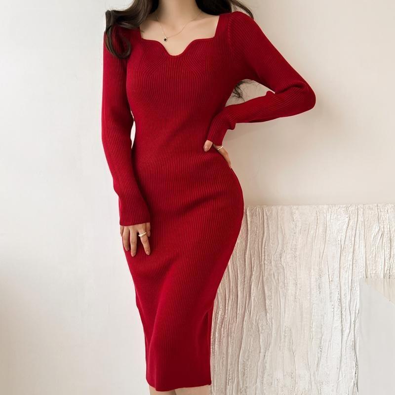 Korean Style Autumn Winter Women Sweater Dress Black Red Apricot Bodycon Feminine Midi All-Match Knitting Dress