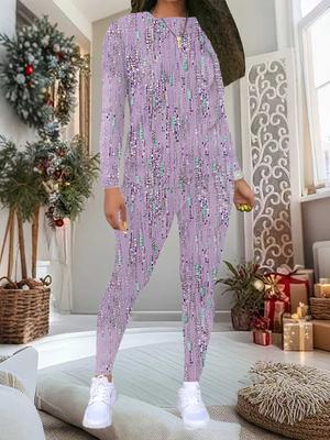 Women's Glitter Print 2-Piece Outfit: Long Sleeve Crew Neck Top & Pants, Holiday Limited Casual Party Gift Suit