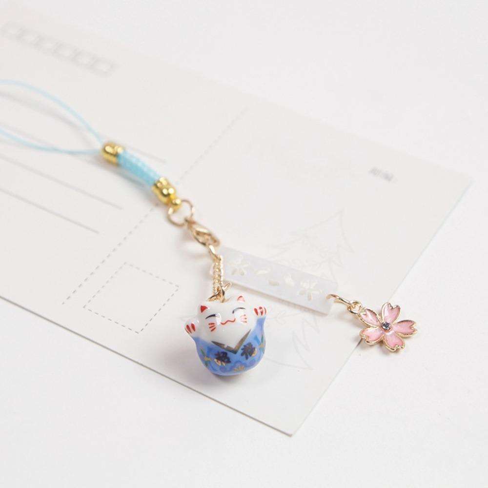 Ceramics Sakura Lucky Cat Phone Lanyard Braided Rope Lucky Cat Keychain Wrist Rope Cherry Blossoms Japanese Style