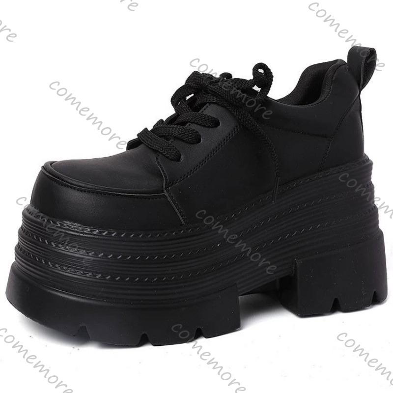 Fashion Comemore British Style Height Increase Loafers New Thick Bottomed Lace-up Leather Pumps Black Chunky Heel Mary Jane Single Shoes