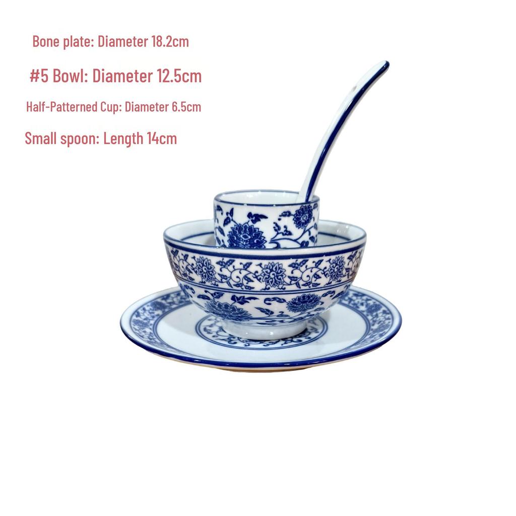 Blue & White Ceramic Tableware Set: Large 4-Piece with Rice and Small Soup Bowls, Plates for Farmhouse Dining.