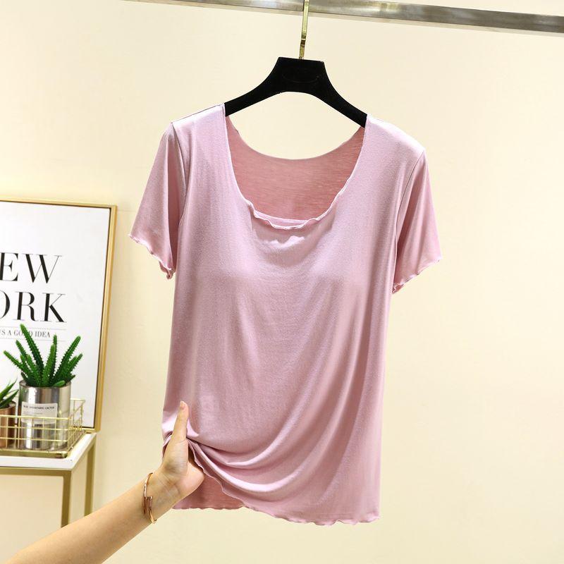 

Модальное кружево на груди, футболка с коротким рукавом для женщин, летняя тонкая внутренняя, сочетающаяся, облегающие топы, большие размеры, свободная повседневная базовая рубашка Pink L (Recommendation 50.00 kg-60.00 kg