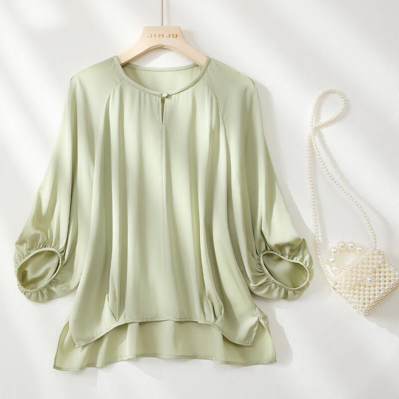 Women s Elegant Pleated Mulberry Silk Lantern Sleeve Top L