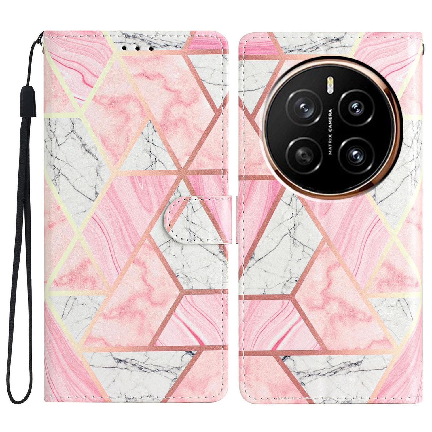 

For Honor Magic7 5G Wallet Case PU Leather Pattern Printing Stand Phone Cover with Strap Pink Marble