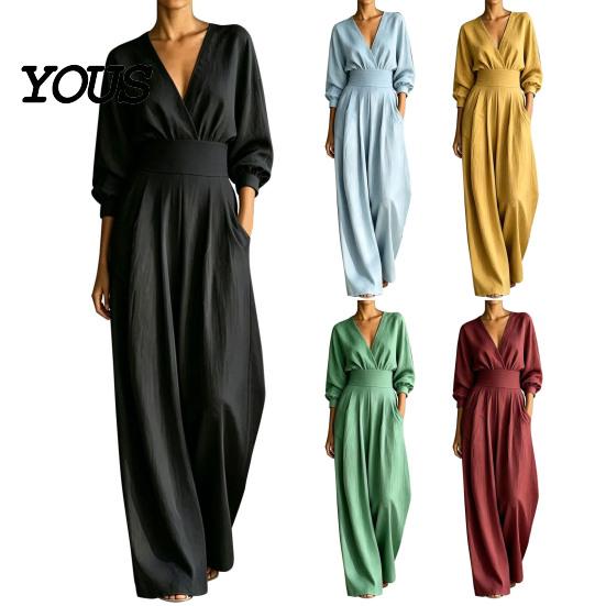 Everyday Wear Jumpsuit Women's Long Sleeve Jumpsuit, Deep V Neck Loose Wide Leg Plus Size Women Rompers, High Waist Summer Casual One Piece