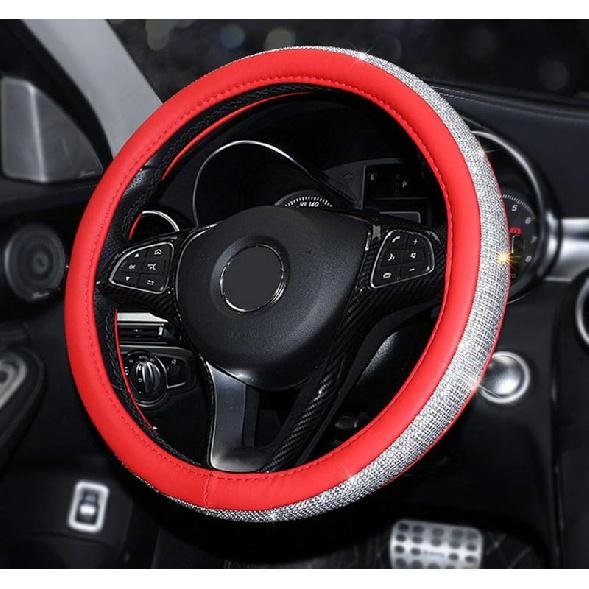 Black Leather Bling Diamond Steering Wheel Cover For Women Universal Fit 14.5In-15In