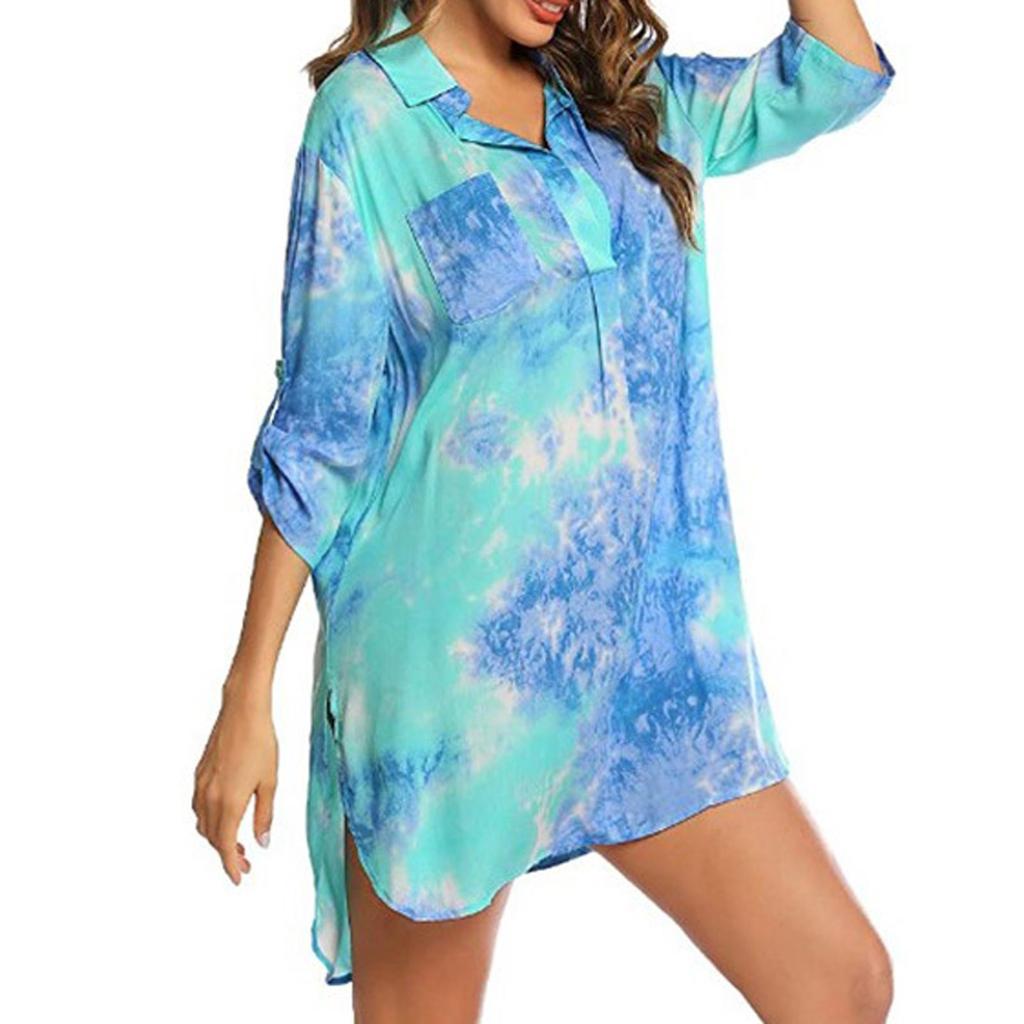 Damenmode bedrucktes, entspanntes, langärmliges, kurzes Strandblusen-Hemdkleid mit V-Ausschnitt