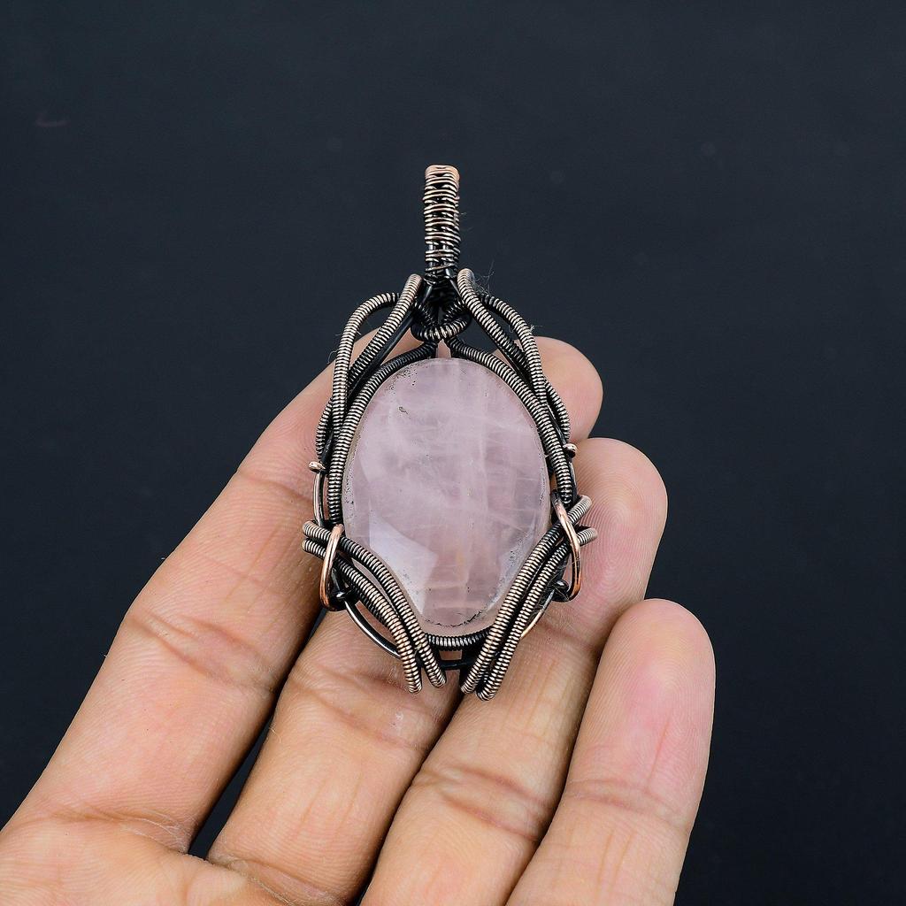 Rose Quartz Jewelry, 999 Copper Wire Wrapped Pendant Handmade Gemstone Jewelry, Gifts For Wife Brand New Pendant