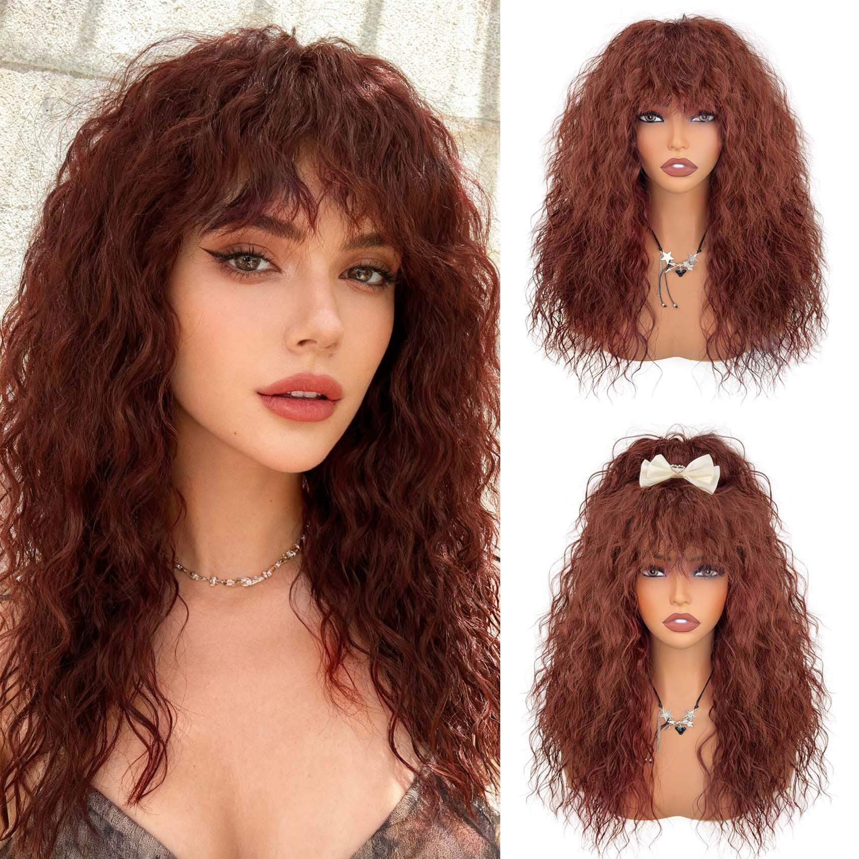Auburn Brown Long Curly Wig with Bangs, Voluminous Wavy Hair for Women Daily Cosplay Party synthetic