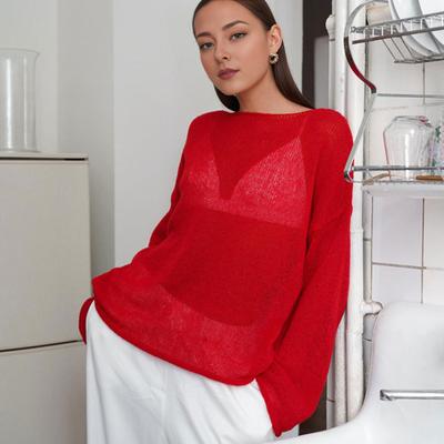 Frauen Stricken T-shirt Ausgestelltes Langes Hemd Einfarbig Ärmel Hohl T-Shirt Rundhals Farbe Lose Fit Durchsichtig