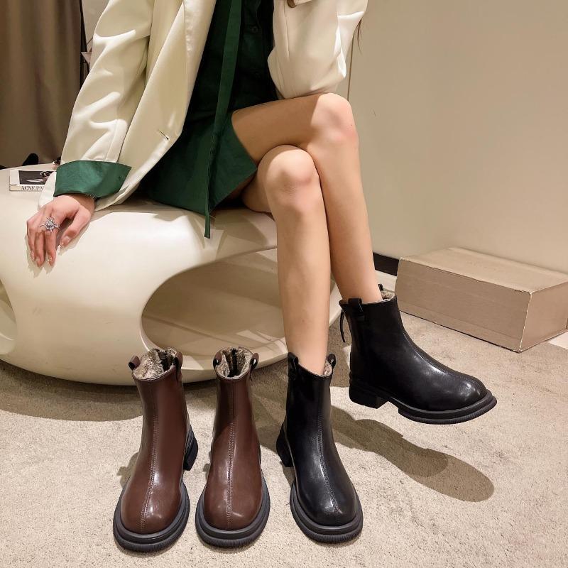 Novas Botas de Tornozelo Femininas Moda Feminina Salto Quadrado Sapatos de Salto Baixo Botas de Senhora Couro Mulher Salto Baixo Manter Quente Botas de Tornozelo