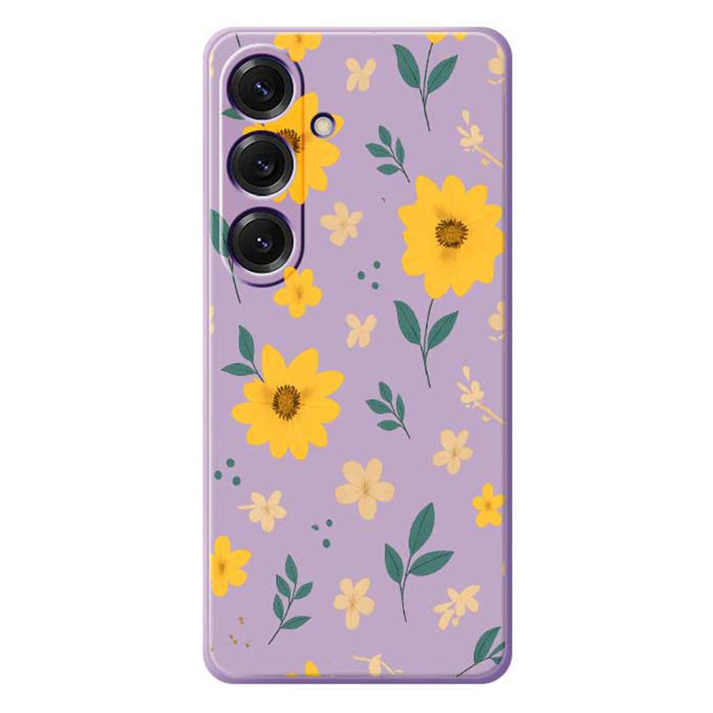 

For Samsung Galaxy S25 Case Yellow Floral and Leaves Pattern Printing Straight Edge TPU Phone Back Cover