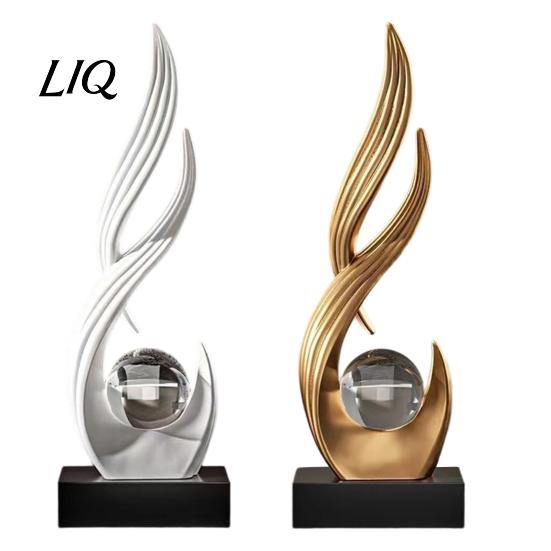 Artistic Ornament for TV Cabinet Abstract Decorative Sculpture with Clear Crystal Ball, Modern Flowing Curve Tabletop Decor Statue Golden Office Desk