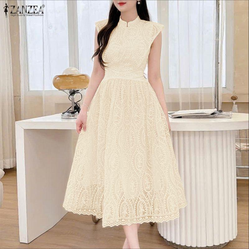 ZANZEA Women Stand Collar Summer Casual Short Sleeve Patchwork Lace Dress