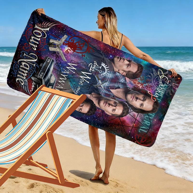 Name Custom Supernatural Print Beach Towel, Large Soft Quick Dry Towel for Beach Camping Swimming