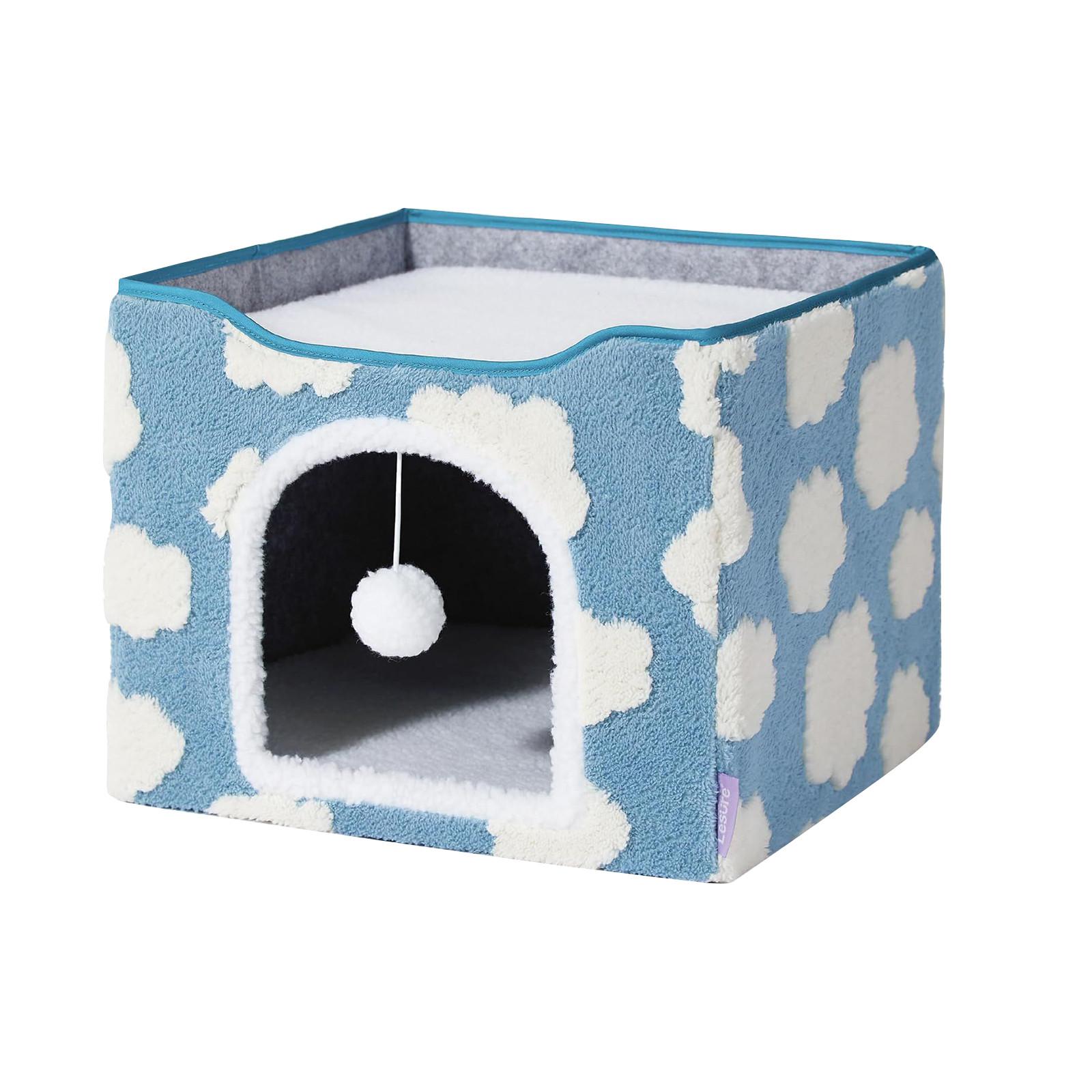 

Кровать для кошек в помещении - большая пещера для кошек с подвесным мячом, складная для кошек, 16,5x16,5x13 дюймов, уютные облака синего цвета