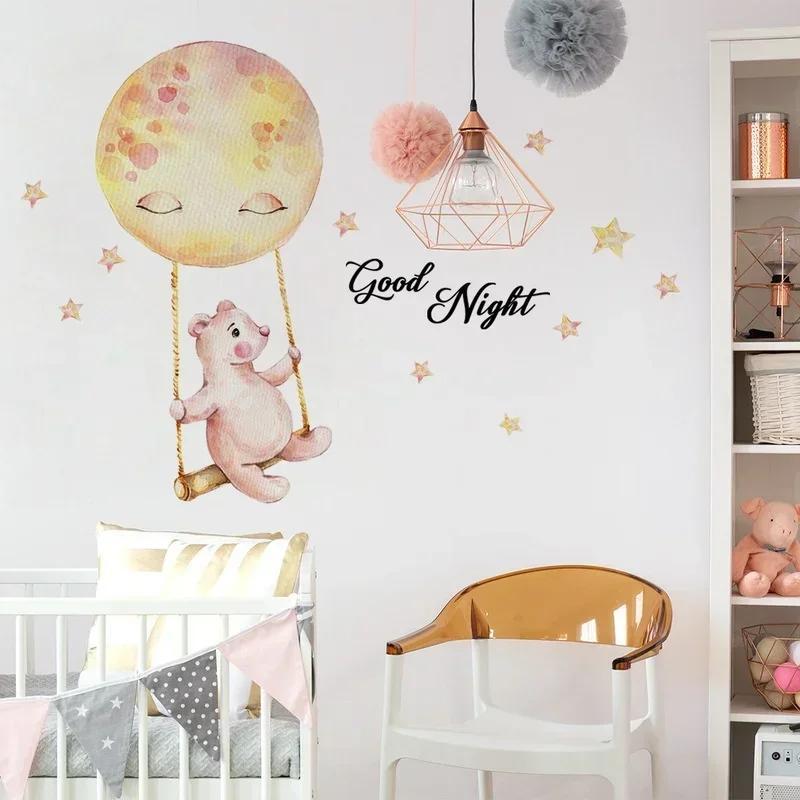 Creative Cartoon Good Night Bear Wall Decal Bedroom Children's Room Decoration Wall Beautification Self Adhesive Sticker