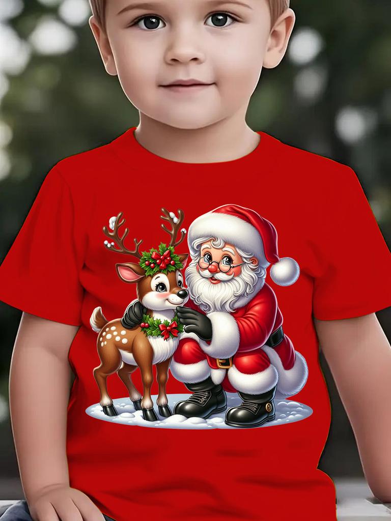 Weihnachts-Sommer-Kinder-T-Shirt mit Cartoon-Druck von Weihnachtsmann und Rentieren im Schnee Eltern-Kind-Oberteil
