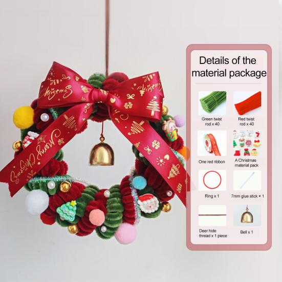 Yousheng 1 Set Christmas Wreath Kit with Red Green Pipe Cleaner Bell Santa Reindeer Charm Ribbon DIY Handmade Xmas Tree Holiday Party Hanging Wreath