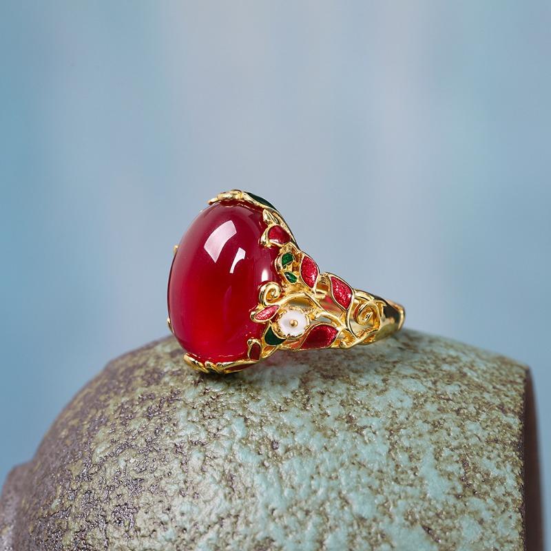 Retro Palaststil Emaillefarbene Blume Natürlicher Karneol Schmucksets Leichter Luxus Antikgold Handwerk Ohrringe Für Frauen Ring gray