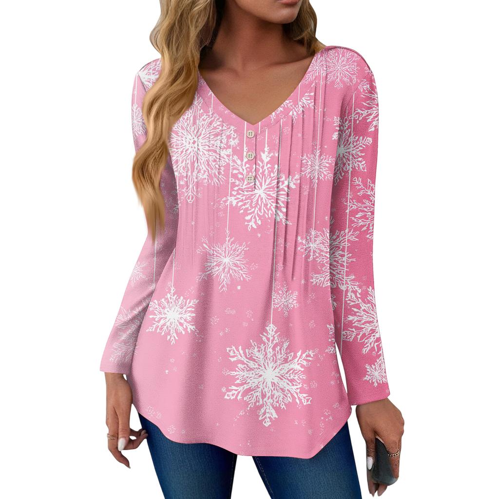 Women's Fashion Casual Christmas Tree Print V-Neck Decorative Button Long Sleeve T-Shirt Top