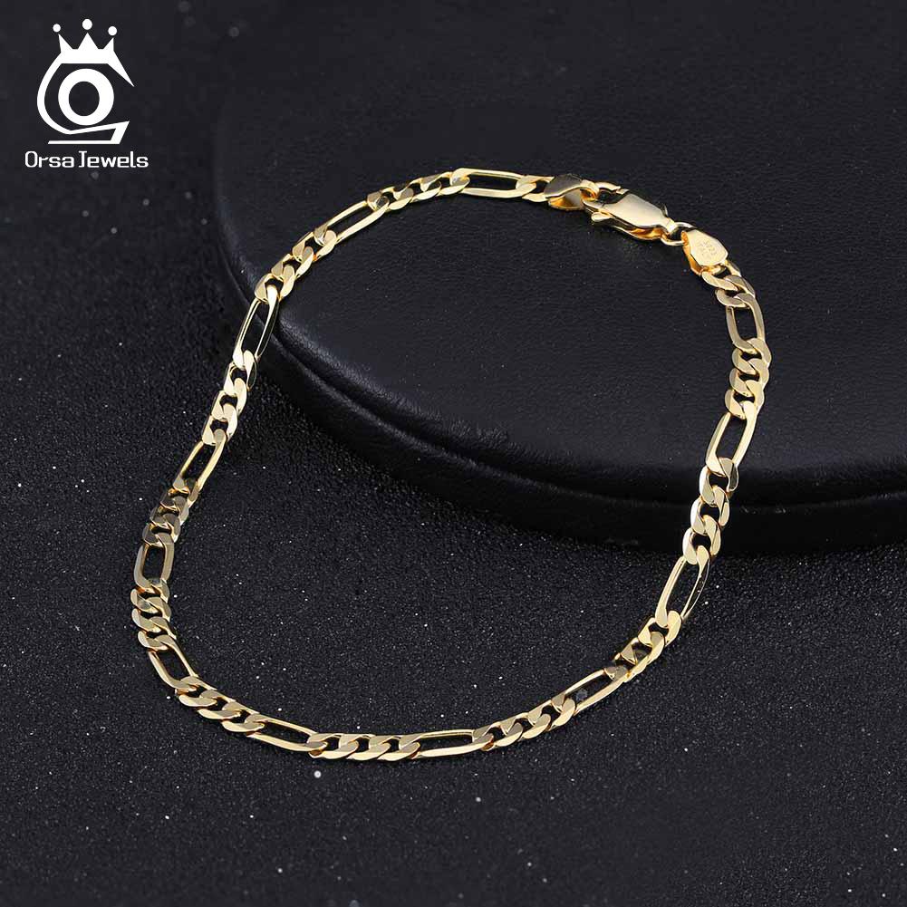 ORSA JEWELS 100% 925 Silver Italian 3.3mm Diamond-Cut Figaro Chain Bracelet for Women Handmade Party Jewelry SB66