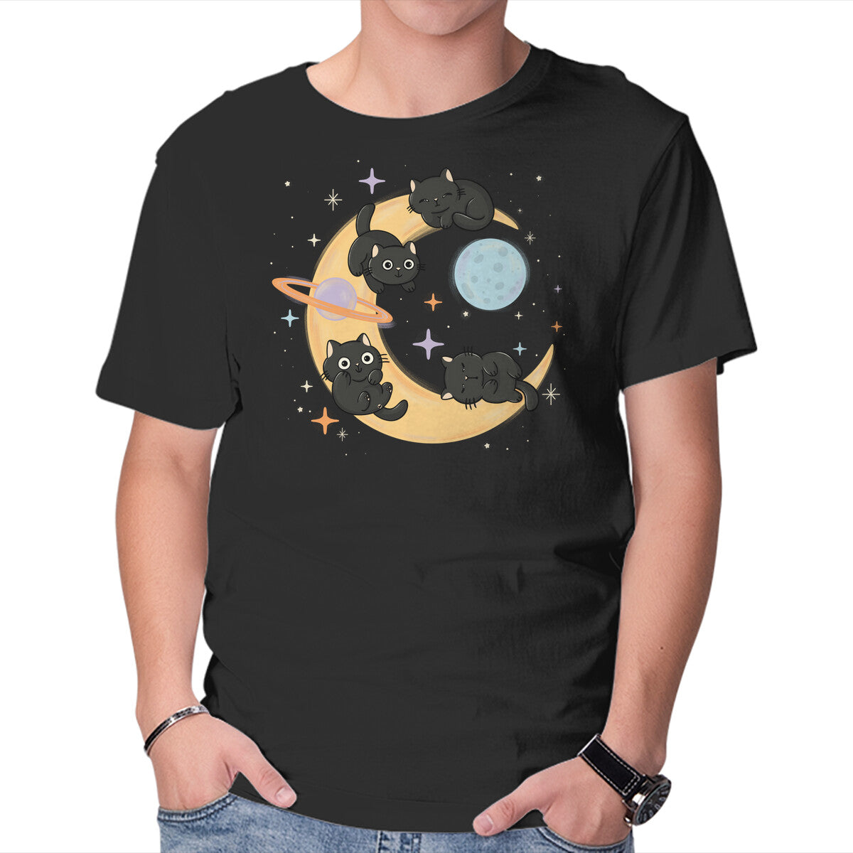 Unisex Crew Neck T-Shirt Moon Kitties Graphic Short Sleeve Casual Tee S