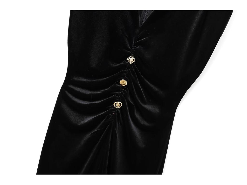 European & American Style Sleeveless Velvet Slimming Long Dress with Pleated Waist and Button Accents