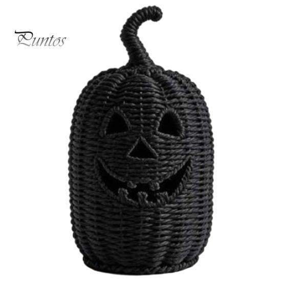 Black Braided Halloween Prop Handwoven Pumpkin Basket with Witch Hat Lid, Rustic Wicker Trick Fall Housewarming Gifts or Treat Bucket for Indoor