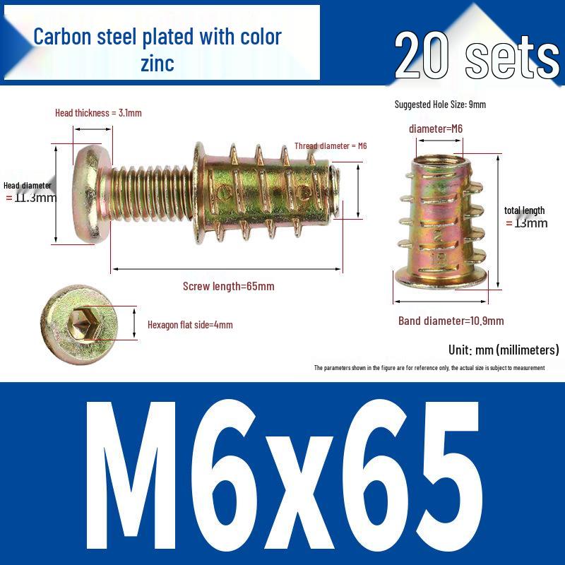 Flat Head Hex Socket Screws & Pre-embedded Nut Set for Wooden Bed Connectors