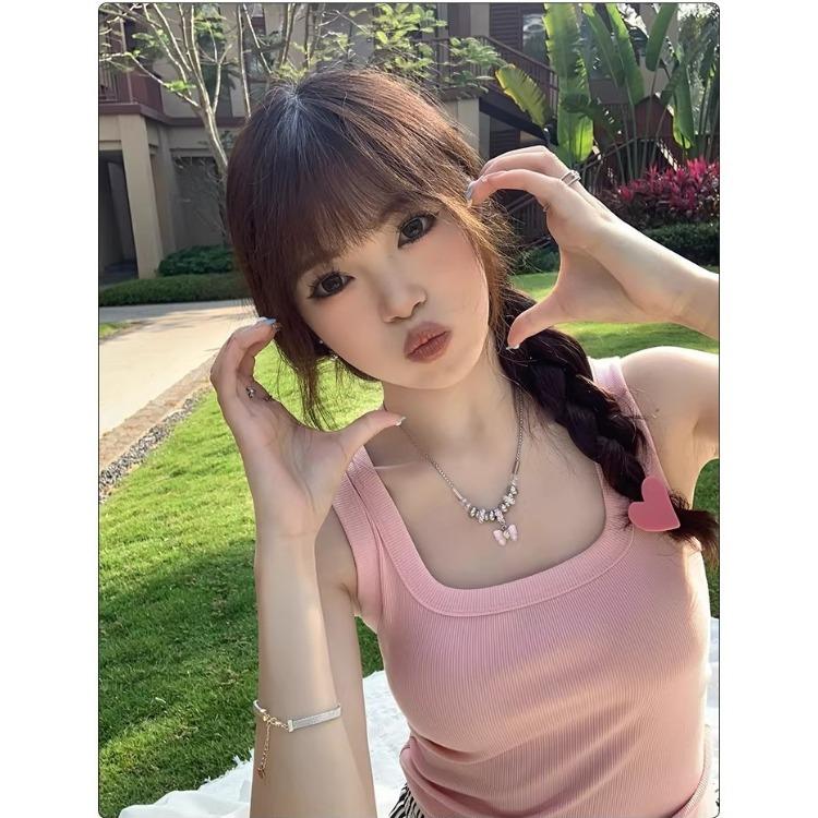 Milk Yellow Square Neck Tank Top for Women Wide Strap Slim Fit Sleeveless Vest Inner Layer Cover Armpit Fat