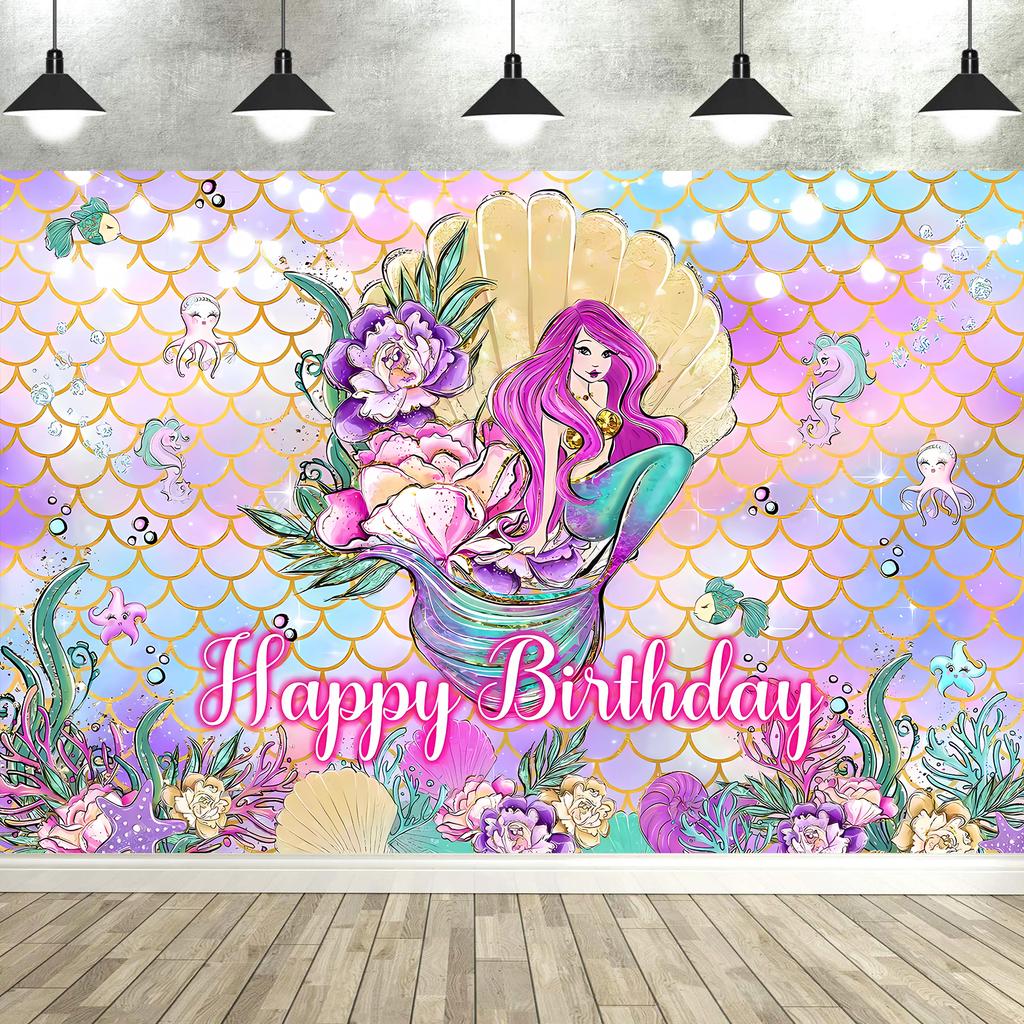 Mermaid Birthday Backdrop Under The Sea Birthday Party Decoration for Girl Purple Glitter  Mermaid Tails Photography Background