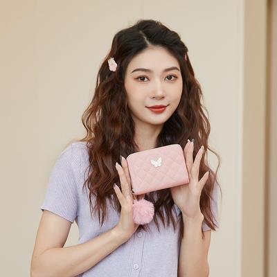 Women's Wallet, New Fashionable and Simple Hairball Clutch Bag, Diamond Grid Embroidery Thread, Butterfly Label Wallet, One Piece.
