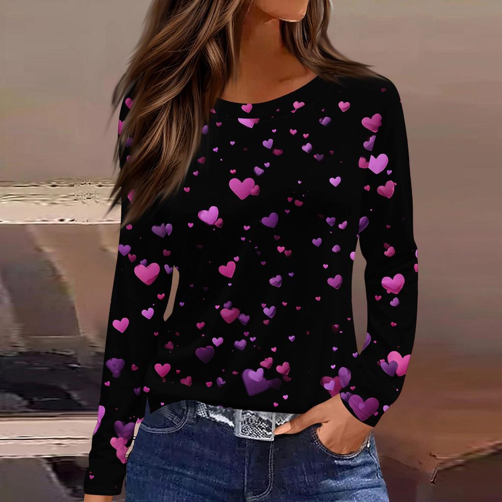 Damen Modisches Langarm-Rundhals-Oberteil mit Schlitzsaum und Valentinstag-Herzprint