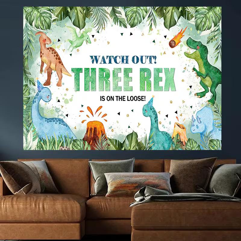 2D Flat Watercolor Jungle Dinosaur Backdrop for Boy's Third Birthday Decoration