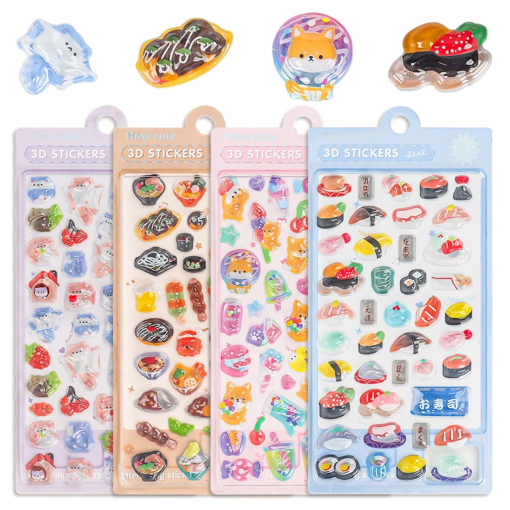 QuiExact 3D Stickers Sushi Stickers Glittery Decoration Stickers for DIY Birthday Presents for Children 4-Pack - Puffy, Three-Dimensional - Cute,